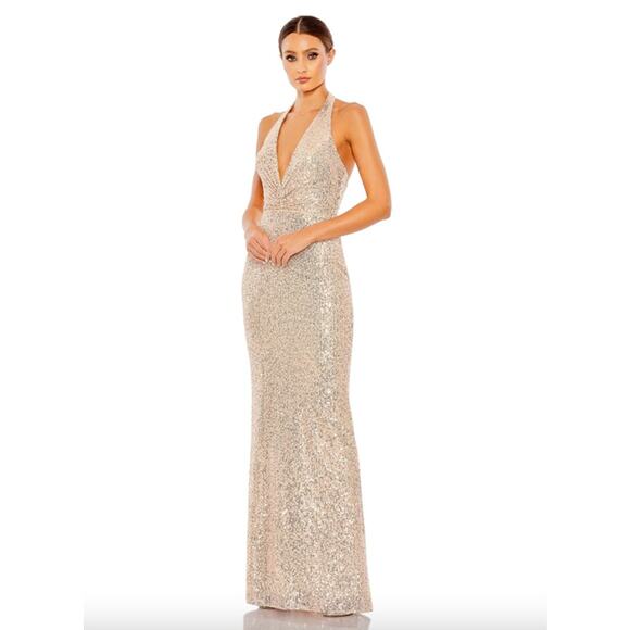 MAC DUGGAL Dress Size 16 Evening Gown Sequin Rose Gold Halter V Neck NEW - Picture 1 of 8